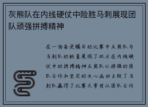 灰熊队在内线硬仗中险胜马刺展现团队顽强拼搏精神