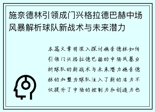施奈德林引领成门兴格拉德巴赫中场风暴解析球队新战术与未来潜力