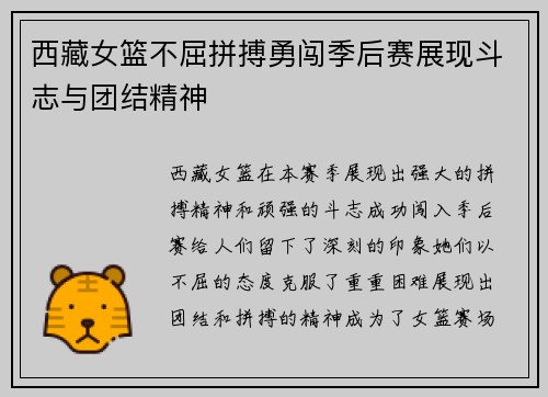 西藏女篮不屈拼搏勇闯季后赛展现斗志与团结精神