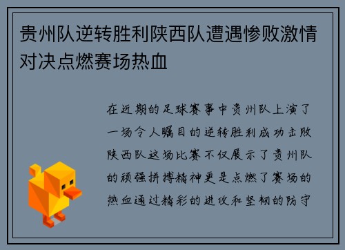 贵州队逆转胜利陕西队遭遇惨败激情对决点燃赛场热血