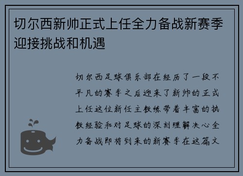 切尔西新帅正式上任全力备战新赛季迎接挑战和机遇
