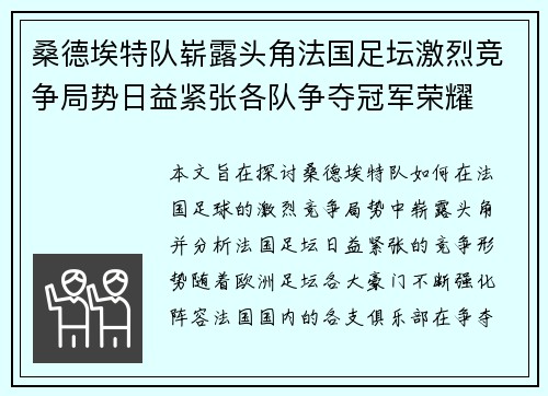 桑德埃特队崭露头角法国足坛激烈竞争局势日益紧张各队争夺冠军荣耀