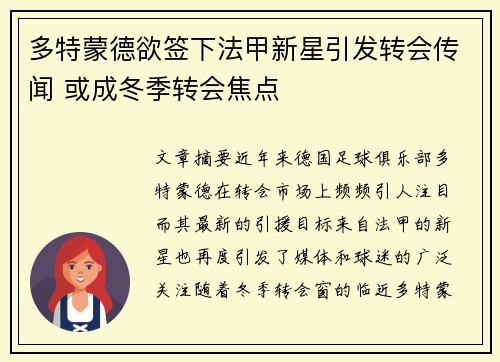 多特蒙德欲签下法甲新星引发转会传闻 或成冬季转会焦点