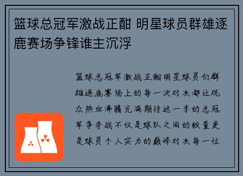 篮球总冠军激战正酣 明星球员群雄逐鹿赛场争锋谁主沉浮