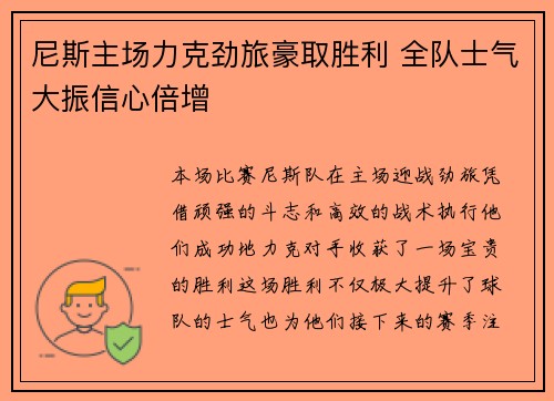 尼斯主场力克劲旅豪取胜利 全队士气大振信心倍增