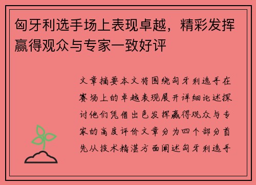 匈牙利选手场上表现卓越，精彩发挥赢得观众与专家一致好评