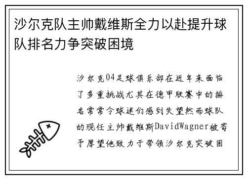 沙尔克队主帅戴维斯全力以赴提升球队排名力争突破困境