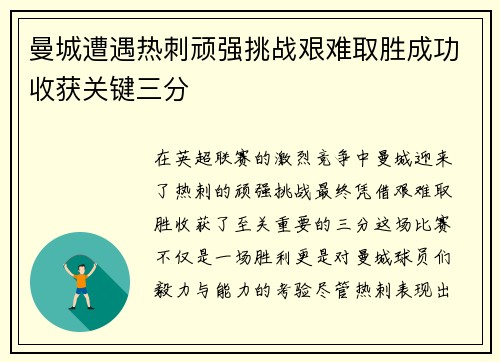 曼城遭遇热刺顽强挑战艰难取胜成功收获关键三分
